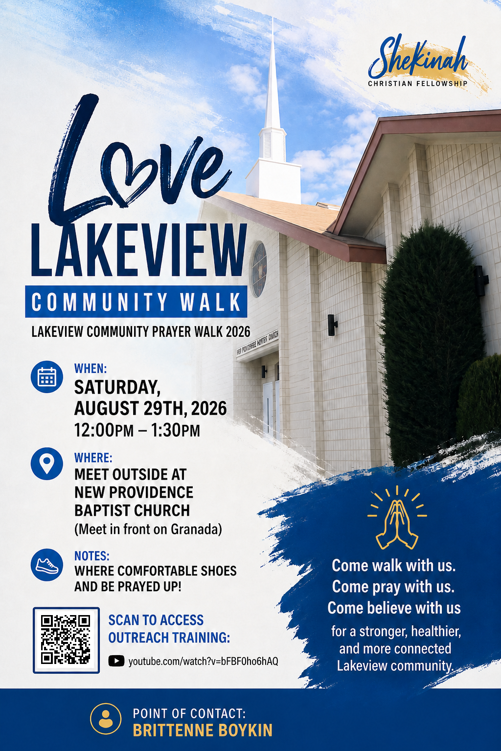 Lakeview Community Prayer Walk 2026 flyer with corrected outreach training QR code and web address